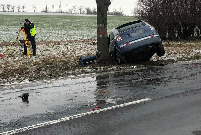 Uderzył w drzewo, a następnie w ciężarówkę. Wypadek na drodze Strzegom-Świdnica [FOTO] 
